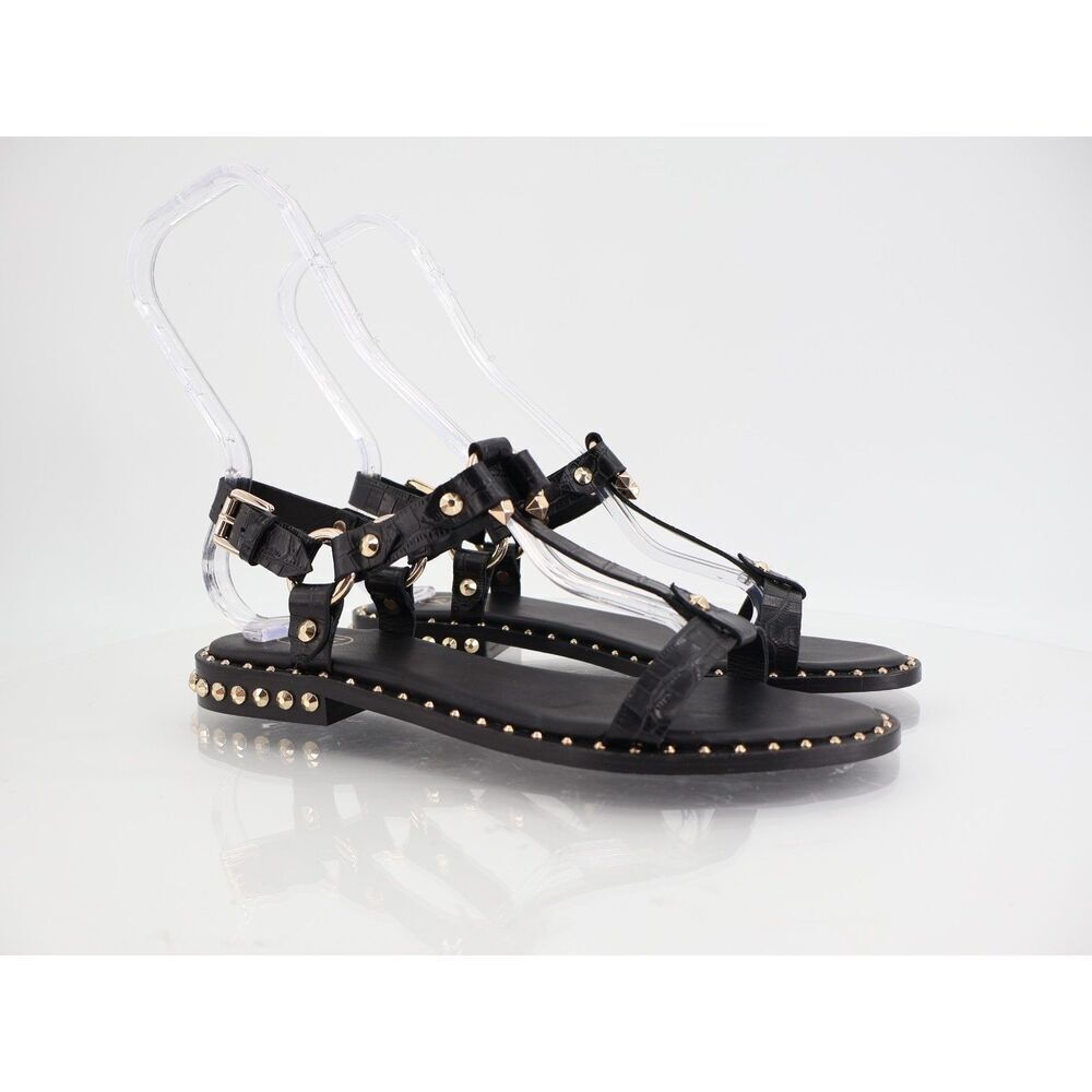 ASH Patsy Bis Croc Printed Embellished Flat Sandal Size 38 EU 7.5 - 8 US Black